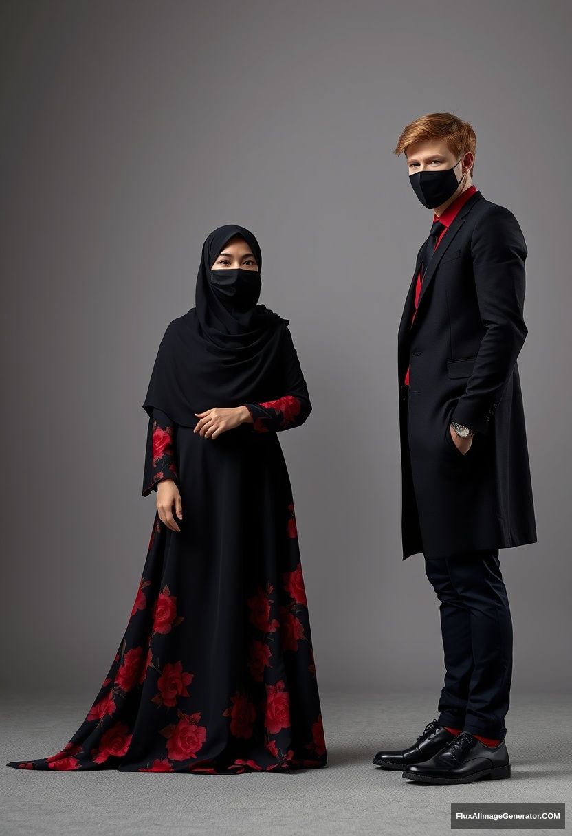 A biggest black hijab girl, beautiful eyes, face mask black, biggest red floral longest dress, not tall, standing, holding his arm

Jamie Dornan, youngest, black suit coat, red shirt, black tie, black leather sneakers, tall man, face mask black, fit tough body, standing near her, love couple

hyper realistic, studio photography, photorealistic