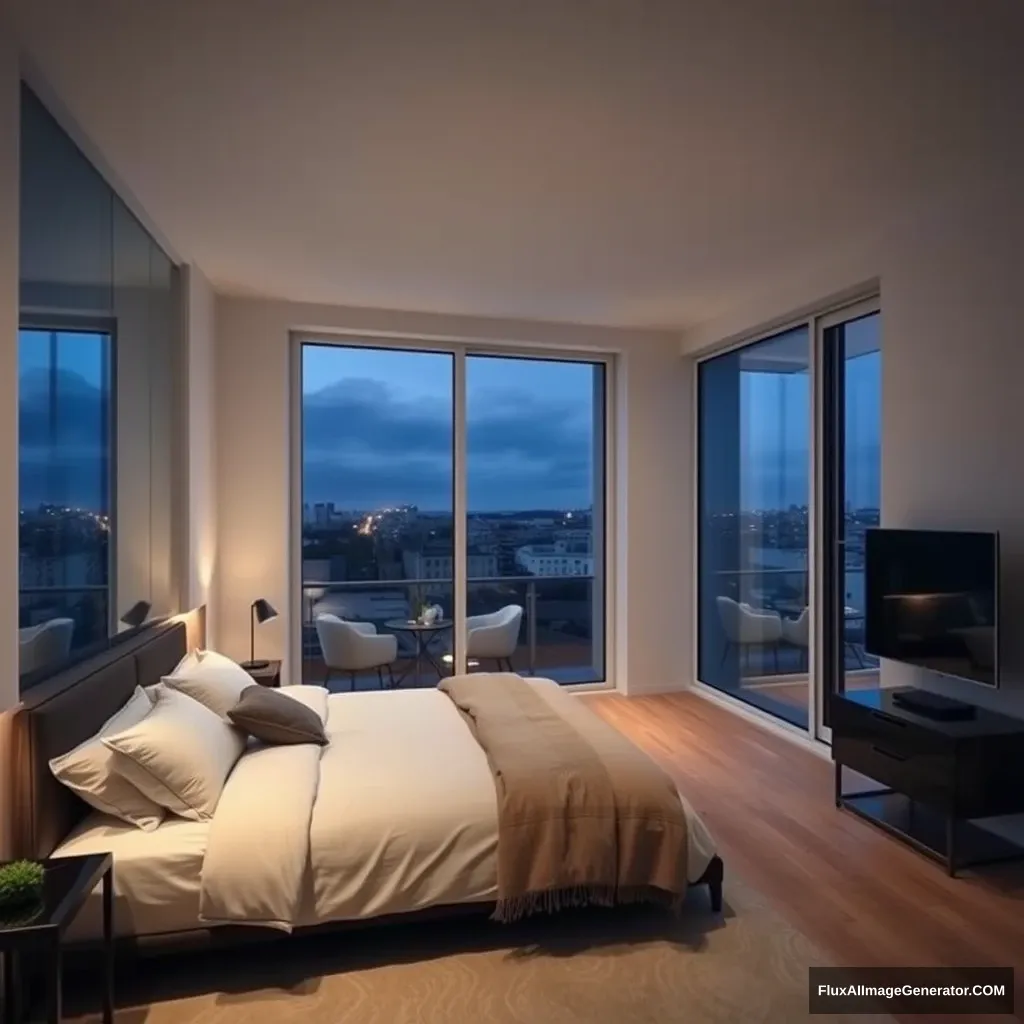 Modern Bedroom apartment, big glass window, midnight in France.