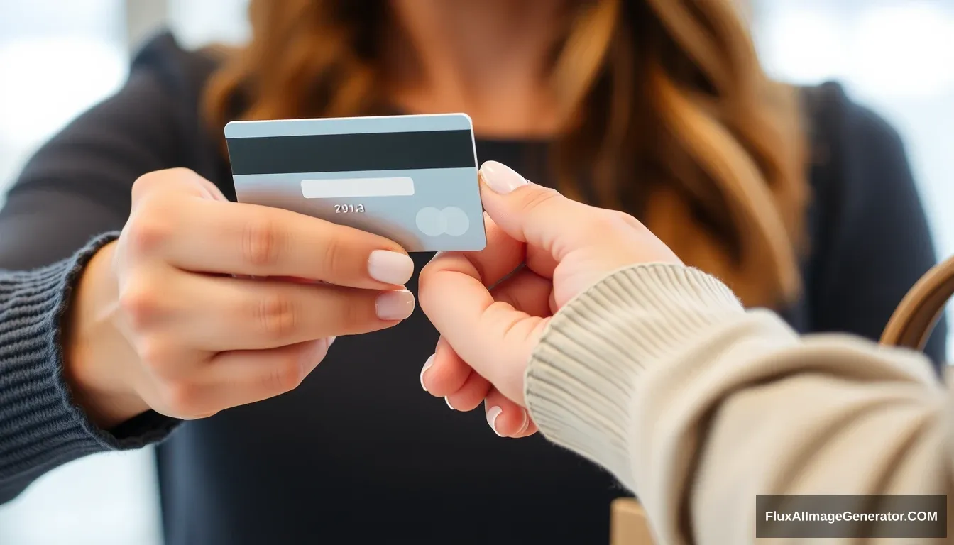 Close-up on a woman's hands. She's about to make a purchase with a credit card, but another woman is forcefully grabbing the card from her hand. - Image