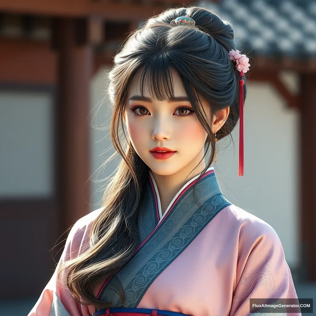 A gorgeous and elegant girl (like Tang Wei) is wearing Korean traditional clothes, hyper-realistic photo, unreal engine. - Image