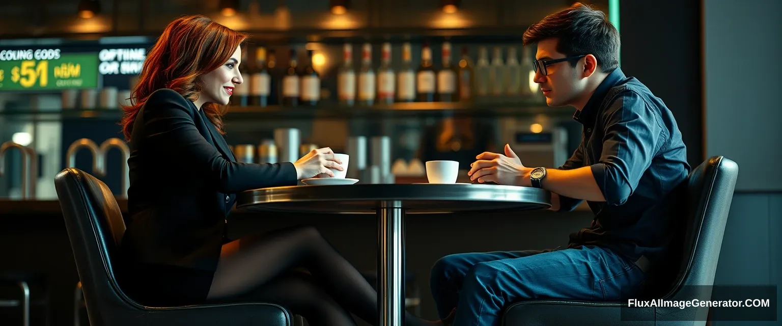 Cinematic Style. A woman and a man are sitting at a table in a bar, having coffee. The woman has red hair, with a devious grin on her face, wearing business attire, black pantyhose, and open-toe high heels. She looks at the man with superiority. The man is a 20-year-old, wearing glasses, jeans, and a shirt. The shot is from the side, from a distance, so their entire figures are shown. The woman is looking at the man. The table has a single metallic leg in the middle. The woman and the man are sitting on opposite sides, facing each other. Photorealistic. Cinematic.