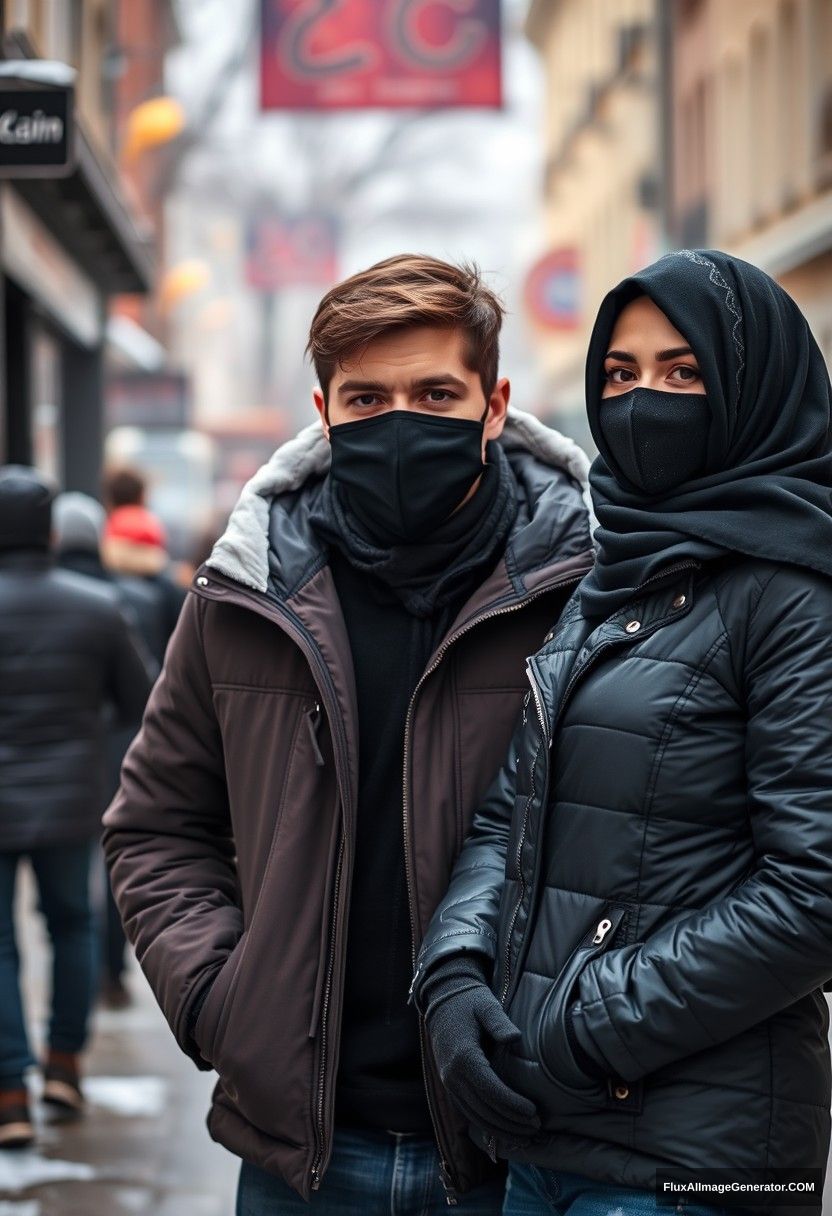 Jamie Dornan, handsome, young, wearing a black face mask, a snow jacket, and jeans, dating a beautiful Muslim girl in a black hijab with beautiful eyes, also wearing a black face mask and a black leather jacket, standing together in a winter scenery at town, cold, photorealistic street photography. - Image