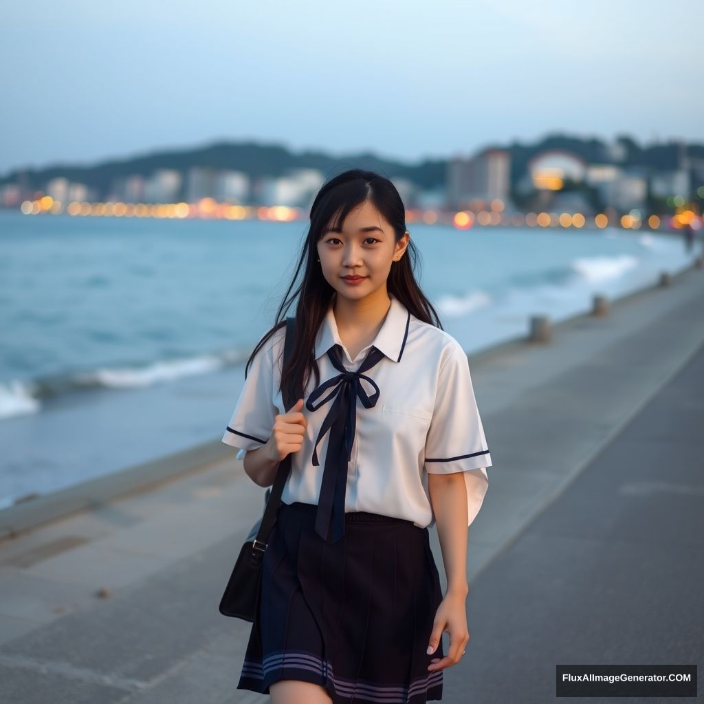 A female student walking by the sea, beach, dusk, Chinese, street, Chinese school uniform, 16 years old.