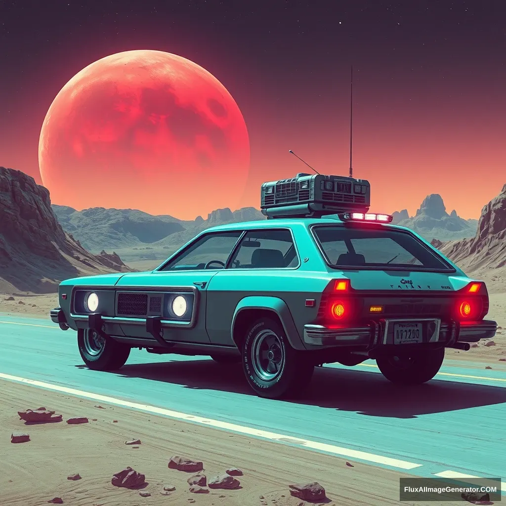 A car travels to Mars in a cyberpunk style.