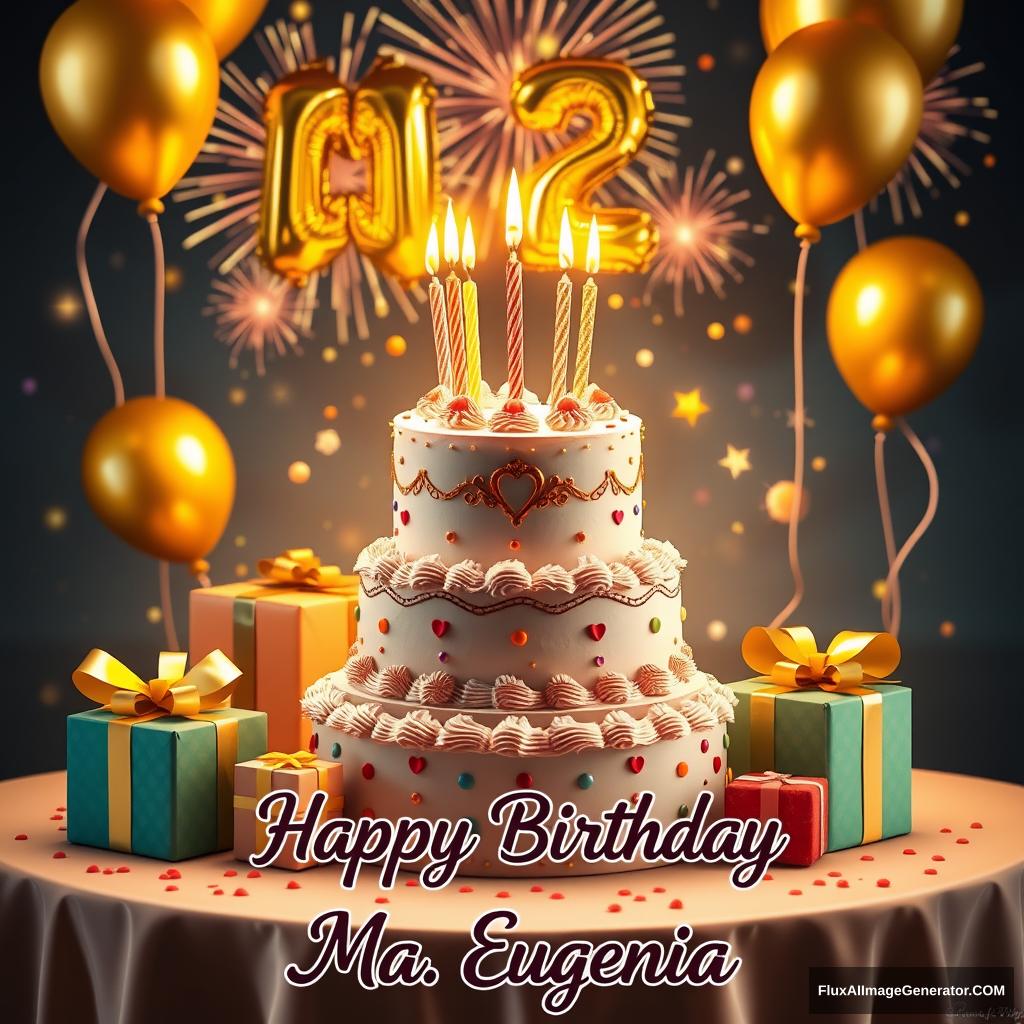 A 2 tiered birthday cake, 5 candles, gifts decorate the table, golden balloons float and fireworks accompany them in the background. A beautiful phrase reads "Happy Birthday Ma. Eugenia". - Image