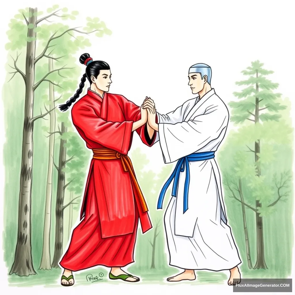 "Hand-drawn picture of two men holding hands, one wearing a red traditional costume and the other wearing a white traditional costume, in a martial arts style, with a forest background."