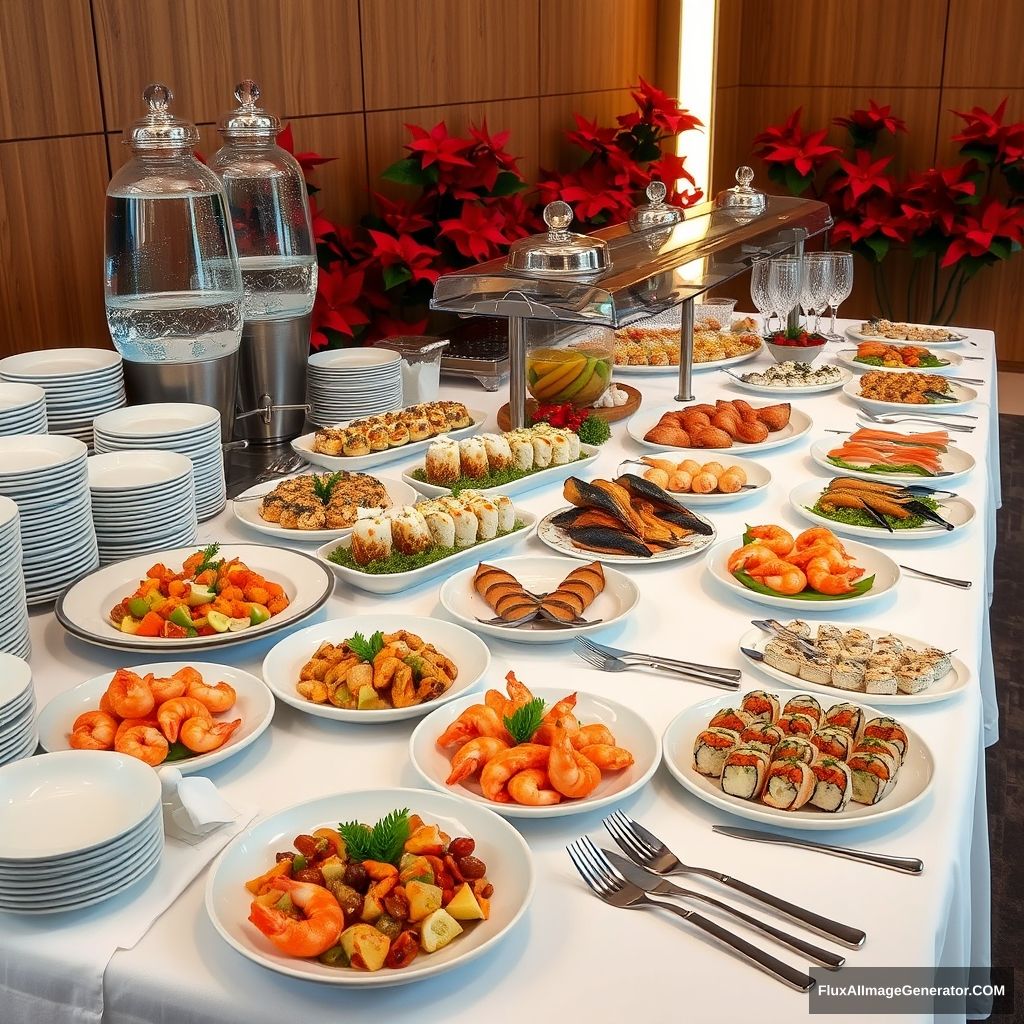 "Photograph of a five-star buffet setup featuring a variety of elegant seafood dishes on a long table covered with a white tablecloth. The table includes luxurious plates of seafood salads, shrimp rolls, grilled fish, and assorted sushi, with high-end stainless steel utensils and crystal glassware neatly arranged. There are stacks of fine china plates and bowls, but fewer in quantity, on the left side, along with high-quality napkins. Additionally, there are two elegant glass water dispensers commonly used in buffet settings. The background features a wooden panel wall with festive red poinsettia plants adding a touch of elegance. The image is captured with a professional camera by a journalist, ensuring sharp focus, rich colors, and perfect composition, highlighting the sophistication and realism of the premium dining experience."