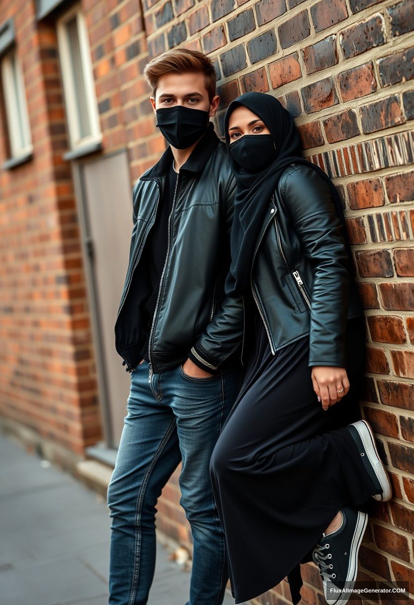 Jamie Dornan, handsome young man, black face mask, collage jacket, jeans, on a date with a beautiful Muslim girl in a black hijab, beautiful eyes, black face mask, black leather jacket, sneakers, wearing a long skirt, standing and lying against a brick wall in the town, morning scenery, photorealistic, street photography. - Image