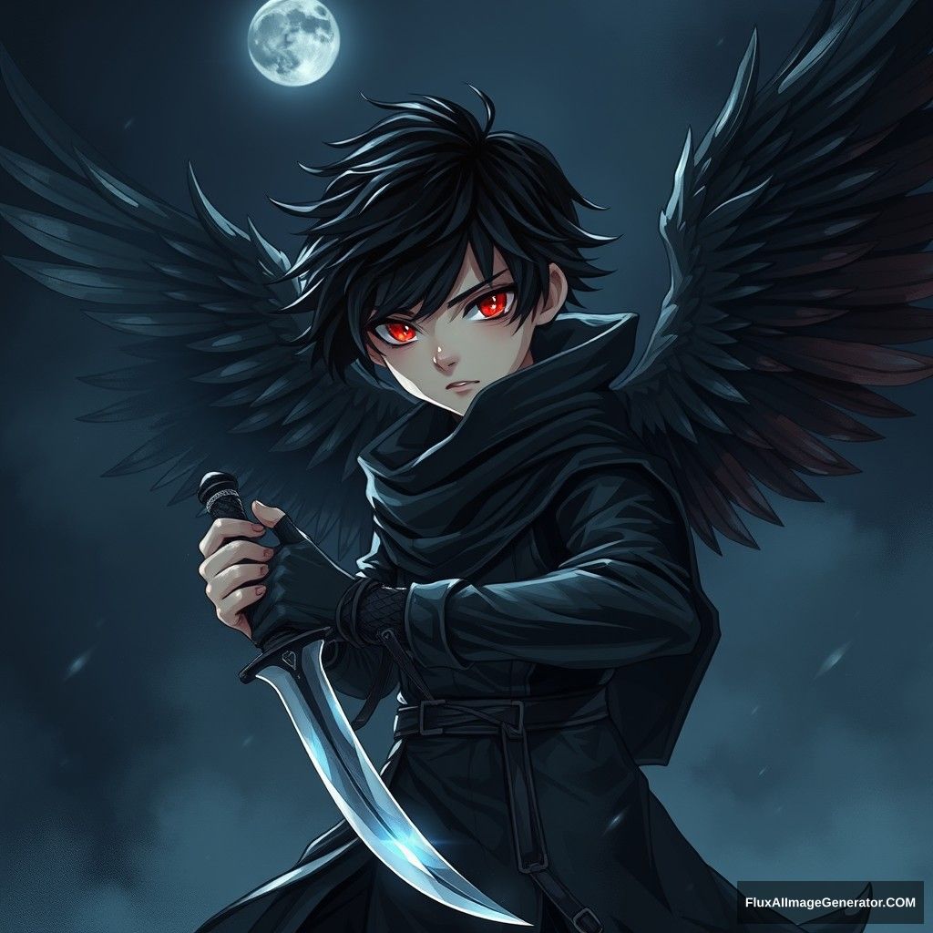 Under the cover of night, a young assassin boy made his agile appearance. He possessed wings like a raven, extending like black feathers, sharp and mysterious. His eyes sparkled with a piercing red light, revealing a keen gaze that seemed to see everything. His black hair danced lightly in the wind, complementing the lightweight black cloak he wore, which glimmered faintly under the moonlight. He firmly grasped a silver dagger, which appeared to shine with a mysterious light in the darkness. This image presented an enigmatic charm, while also evoking a sense of caution and vigilance. - Image