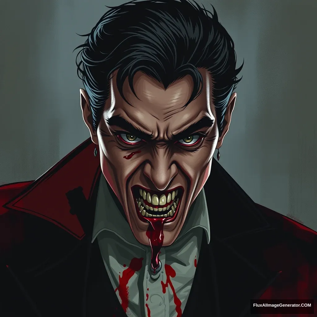 Dracula man, handsome, sharp teeth, blood. - Image