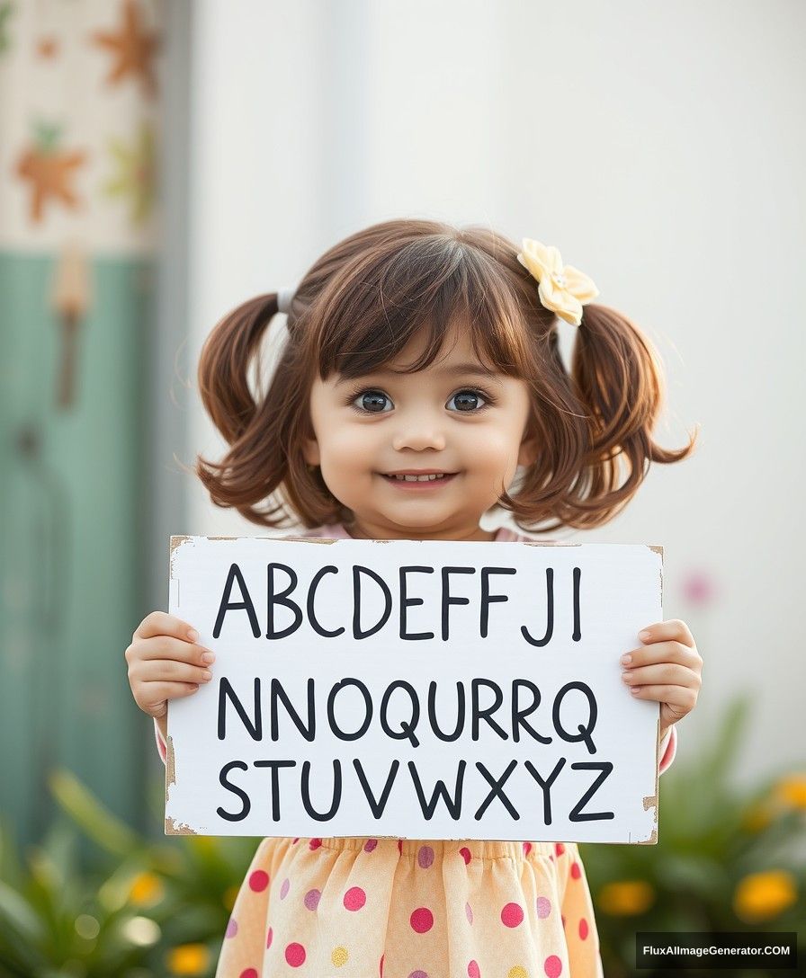 Cute girl holding a sign with the words "ABCDEFGHIJKLMNOPQRSTUVWXYZ". - Image