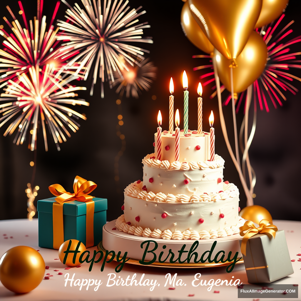 A 2 tiered birthday cake, 5 candles, gifts decorate the table, golden balloons float and fireworks accompany them in the background. A beautiful phrase reads "Happy Birthday Ma. Eugenia". - Image