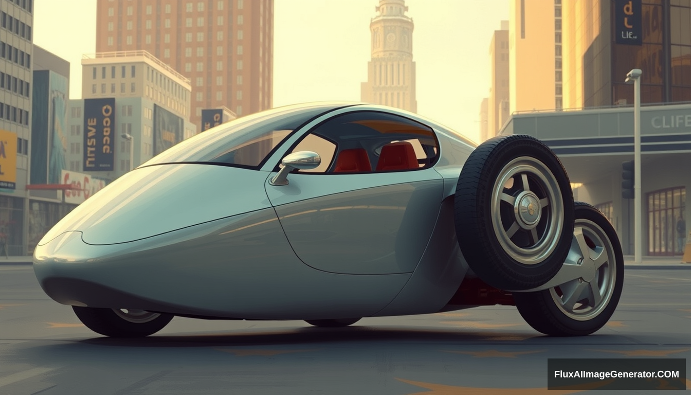 3/4 shot, a three-wheeled car with only 1 rear wheel mounted on the centerline, as painted by Syd Mead, in a future city setting, 4k. - Image