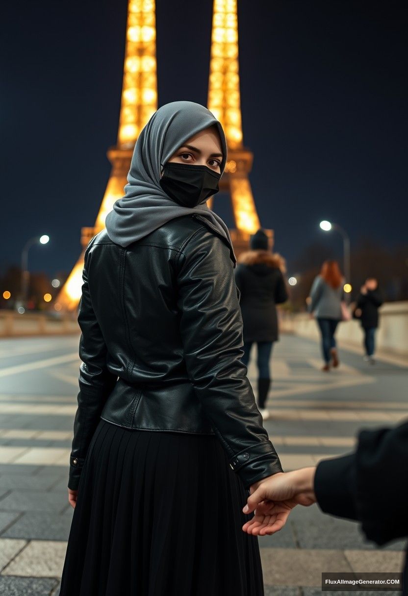 Biggest grey hijab Muslim girl, beautiful eyes, face mask black, leather jacket, biggest longest skirt, standing near Eiffel Tower, night scenery, strangers back, hyper-realistic, photorealistic, street photography, hold someone's hand from opposite, come hold my hand.