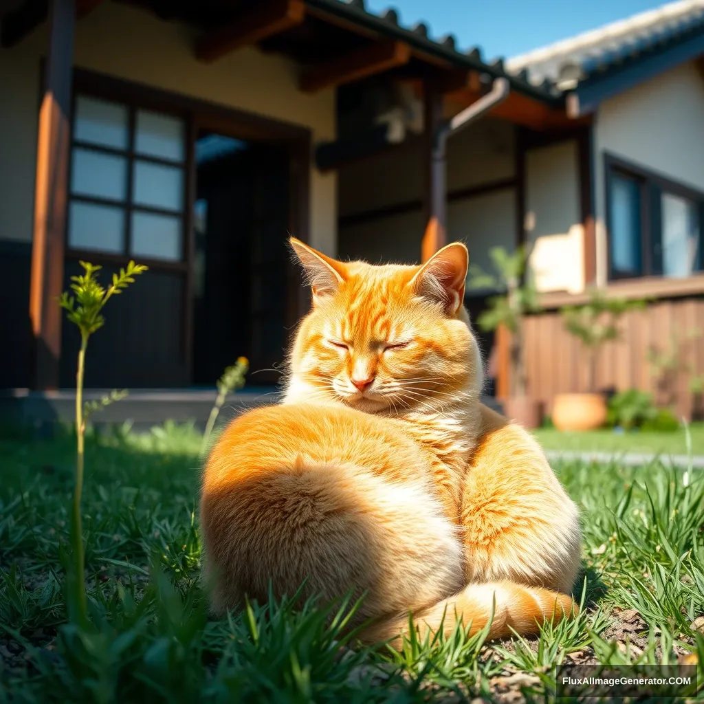 A landscape showing an orange-furred cat sitting and sleeping in the sunlight in a Japanese house's yard.