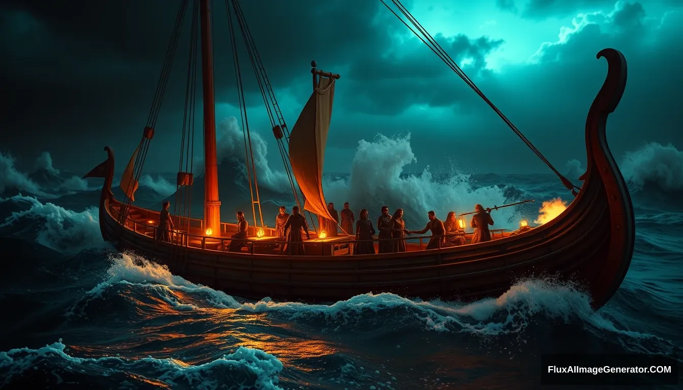 "An ancient wooden ship carrying thirty men from the Lakhm and Judzam tribes, struggling through a violent storm at sea, with huge waves crashing over the deck and dark, stormy skies. Ultra HD, realistic, dramatic, and cinematic lighting."