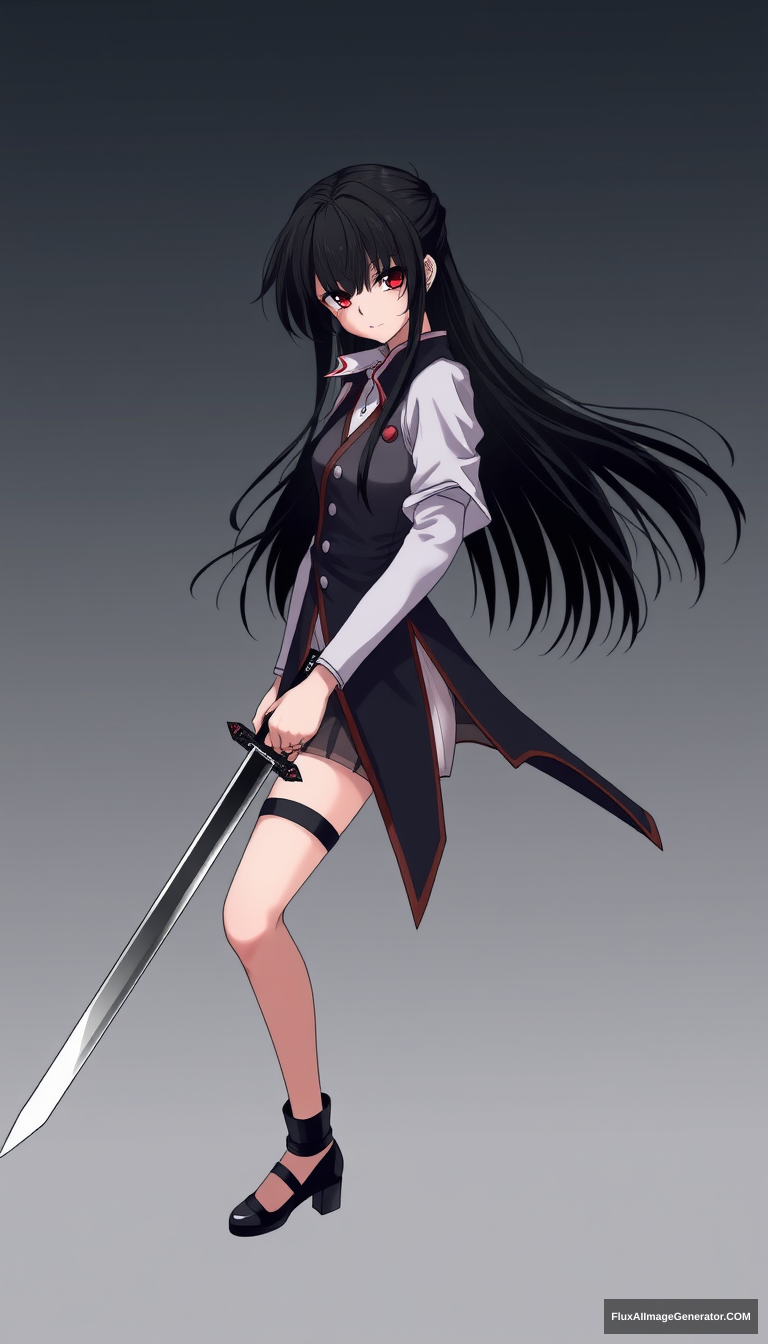 Anime style is important. Seinen style anime. Should look like an assassin with a gradient background. Holding one sharp sword. Black hair, red eyes. And should be a full body drawing. Should include legs. Hold sword straight on. Girl. Single side sword. Correct hand anatomy.