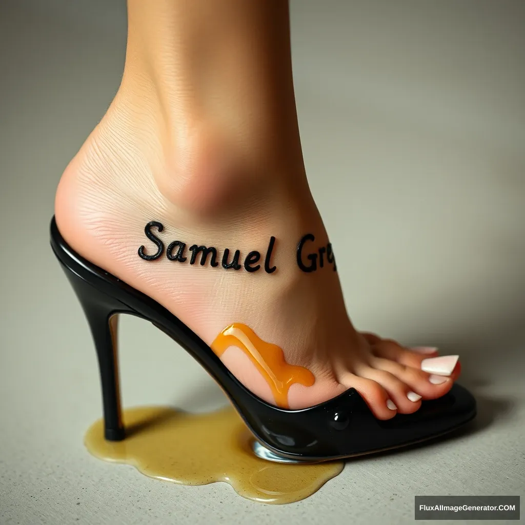 The name "Samuel Greg" on a woman's foot in a black high heel. There is oil all over the foot. - Image