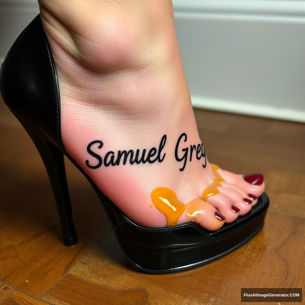 The name "Samuel Greg" on a woman's foot in a black high heel. There is oil all over the foot. - Image