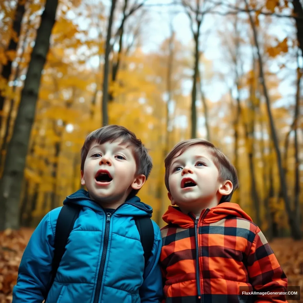 Two 8-year-old twin boys singing together in the autumn forest.