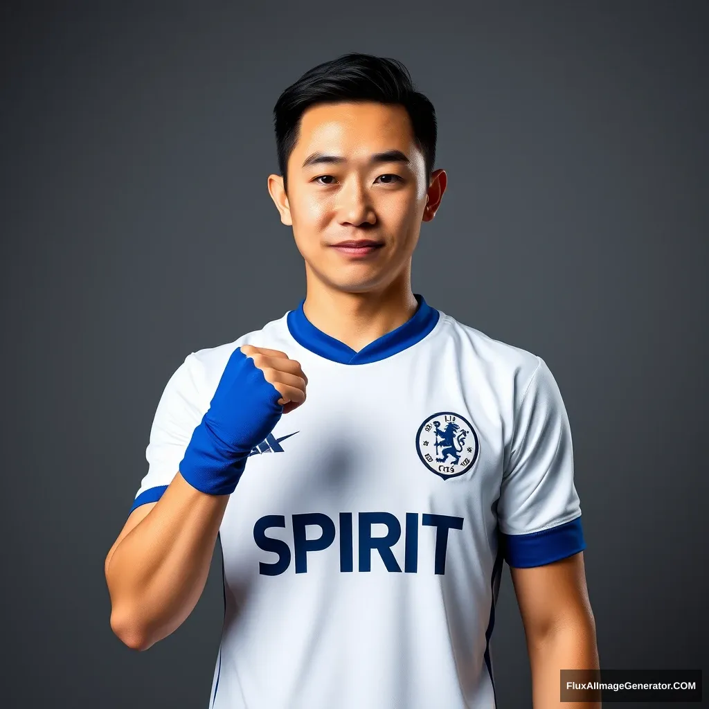 High-quality portrait photo of a Chinese man with fair and delicate skin, wearing a white short-sleeved football jersey with blue cuffs and a blue collar, the word "SPIRIT" printed on the chest. He strikes a confident and imposing pose, with a determined expression and bright eyes. Player portrait shot in medium range, illuminated with Rembrandt lighting, taken in a studio with a gray background. - Image