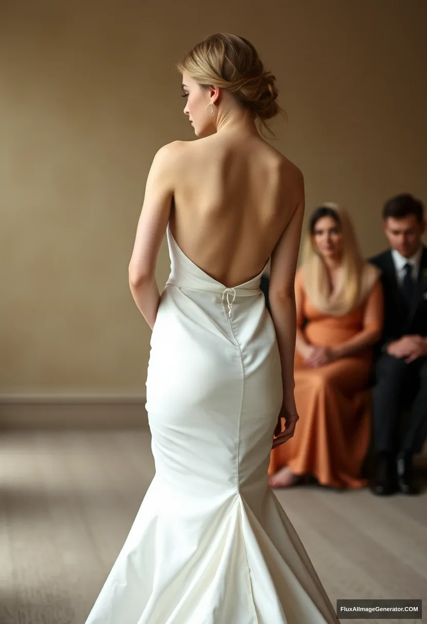 A short young woman, sensitive, delicate, backless strapless side-less low-waisted contouring wedding dress with a loose front and an open rear that seems like it was intentionally left undone. Submitting before the council of fathers. Expectations. Perfect posture. Pale skin. - Image