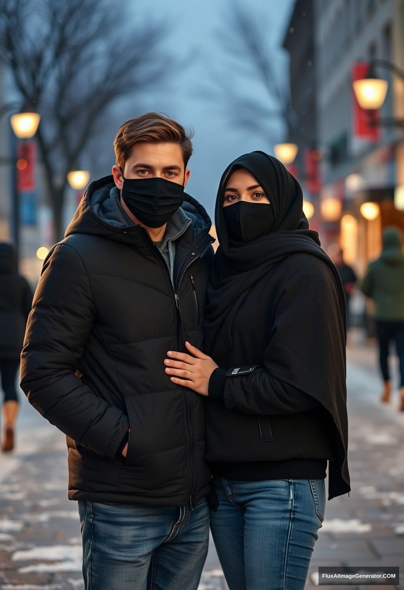 Jamie Dornan, handsome, young, black face mask, snow jacket, jeans, dating a beautiful Muslim girl in a big black hijab, with beautiful eyes, wearing a black face mask, snow jacket, in a winter scenery, standing together in town, photorealistic, street photography. - Image