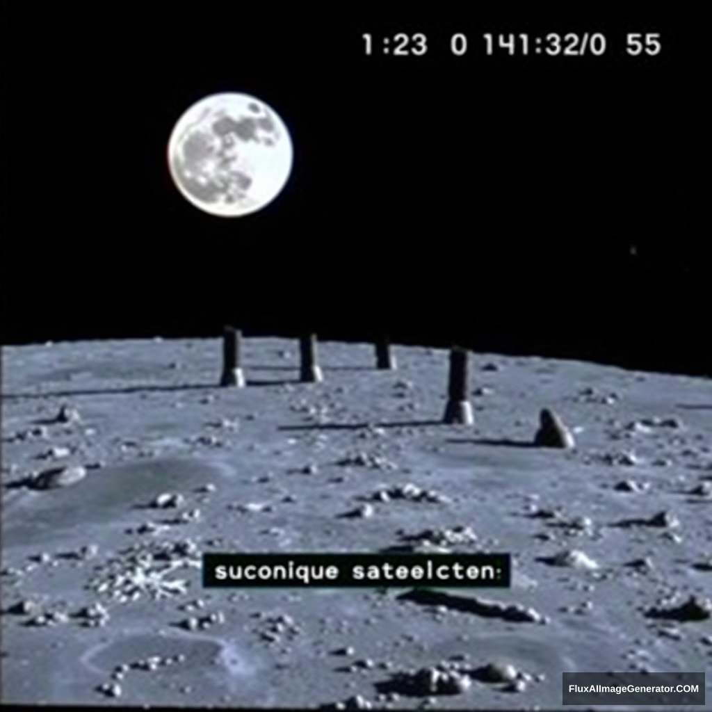 Damaged satellite SSTV footage of large black pillars on the surface of the Moon, with an onscreen warning message - Image