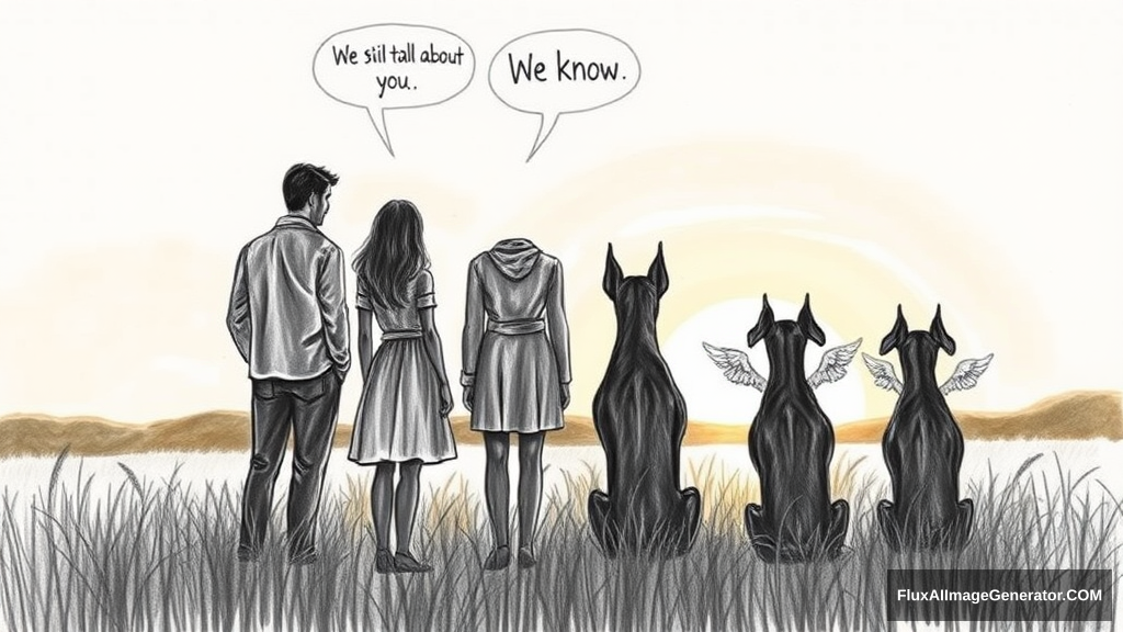 Messy, expressive pencil illustration: 4 silhouetted figures—2 male, 2 female—stand in a lush meadow at golden hour. 3 ethereal, winged dobermans sit beside them. Facing away from the viewer. Speech bubbles float above: "We still talk about you" (human), "We know" (dog). Nostalgic atmosphere, loose brushstrokes convey wistful longing. - Image