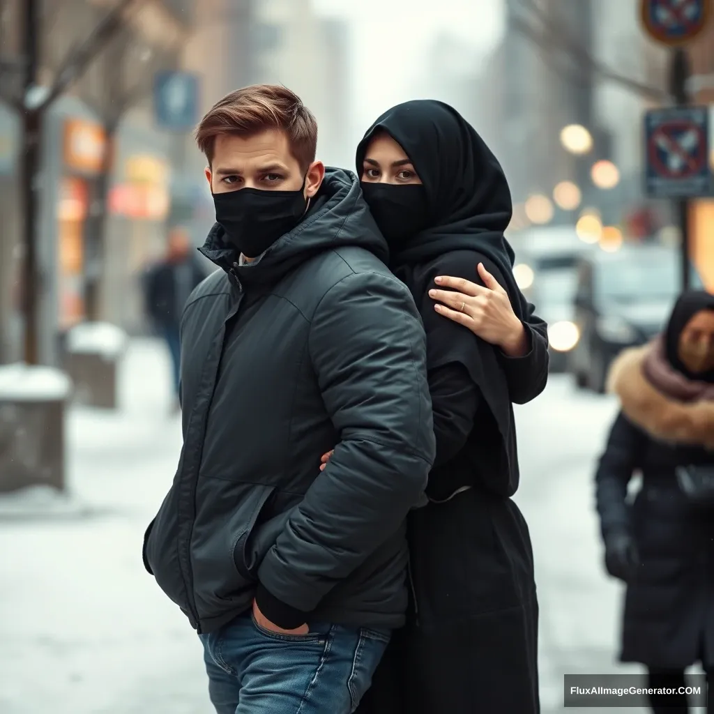 Jamie Dornan's head and body shot, handsome, young, face mask black, snow jacket, jeans, dating love hug with the biggest black hijab Muslim girl, beautiful eyes, face mask black, snow jacket, winter scenery, walk together in town, hyper-realistic, street photography, gloomy.