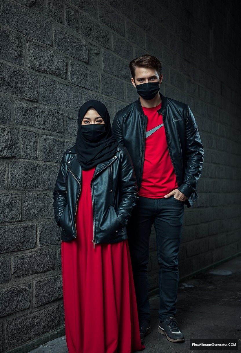 A biggest black hijab girl, beautiful eyes, face mask black, black leather jacket, biggest red longest dress, untall, 

Jamie Dornan, handsome, face mask black, fit and tough body, Nike red t-shirt, black leather jacket, jeans, tall man, 

standing near wall together, 
Hyper realistic, photorealistic, street photography, Victoria's abandoned castle, gloomy, darkness.