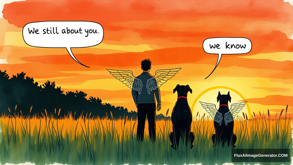 Messy hand drawn watercolor illustration: male figure in meadow at golden hour, silhouetted against vibrant sunset sky. 3 ethereal ghostly winged canines, black and tan Doberman companions sat beside, facing away from the viewer. Speech bubbles float above: "We still talk about you" (person), "we know" (dog). Nostalgic atmosphere, brushstrokes convey wistful longing.