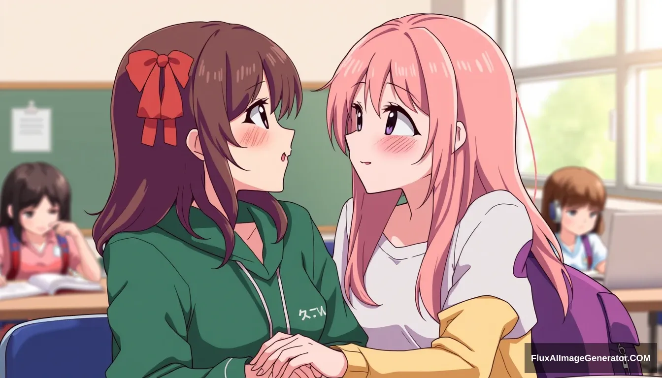 Two girls blush and coyly embrace, looking into each other's eyes, as they're unexpectedly put into a study group together.