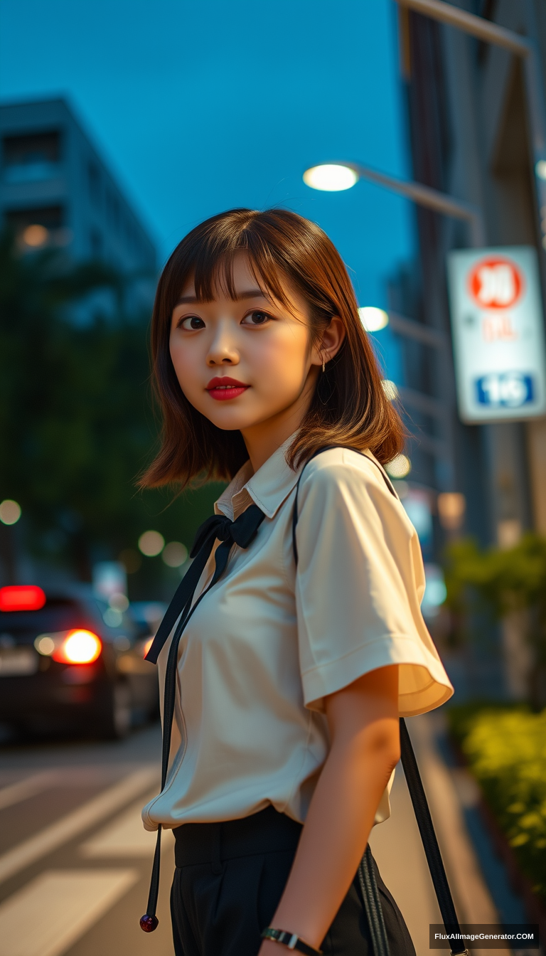 "A girl on her way home, Asian, full-body view, evening lights, office outfit."