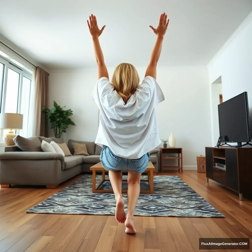 A right angle view of a slender blonde woman in her spacious living room, dressed in an extremely oversized white t-shirt that hangs unevenly on one shoulder. She is also wearing baggy light blue denim shorts and is barefoot. Facing her TV, she dives headfirst with both arms raised below her head, her legs elevated in the air, positioned at a -60 degree angle. - Image