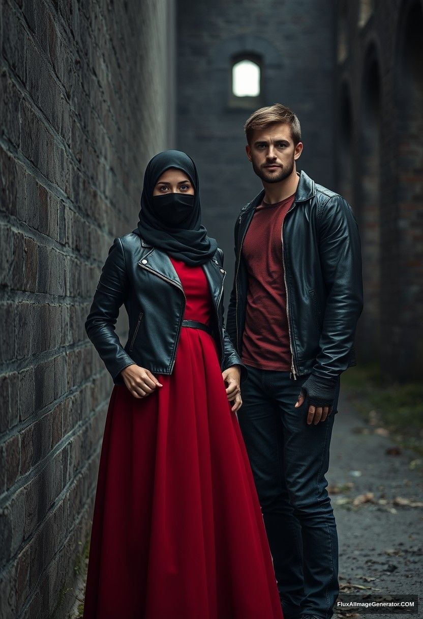 A biggest black hijab girl, beautiful eyes, face mask black, black leather jacket, biggest red longest dress, untall,

Jamie Dornan, handsome, face mask black, fit and tough body, metal red t-shirt, black leather jacket, jeans, tall man,

standing near wall together,
Hyper realistic, photorealistic, street photography, Victoria's abandoned castle, gloomy, darkness.