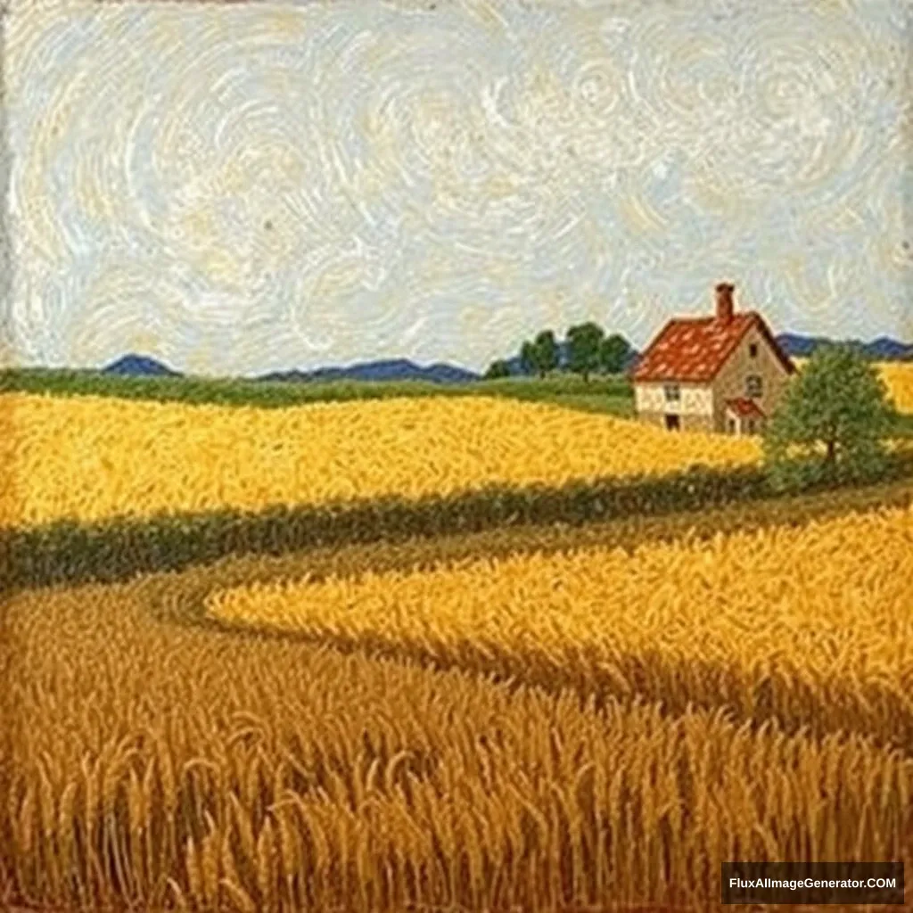 Vincent van Gogh, wheat fields, wheat piles, house, oil painting