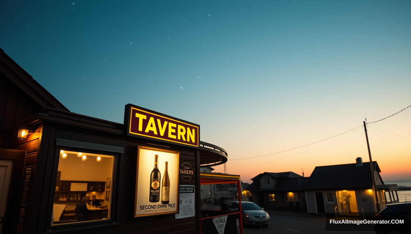 In the evening of a seaside town, the sky is dotted with stars, the tavern is lit with yellow lights, there is a poster at the entrance depicting a wine bottle, and the poster also reads "Second drink half price," with the quality of a Hasselblad photograph.