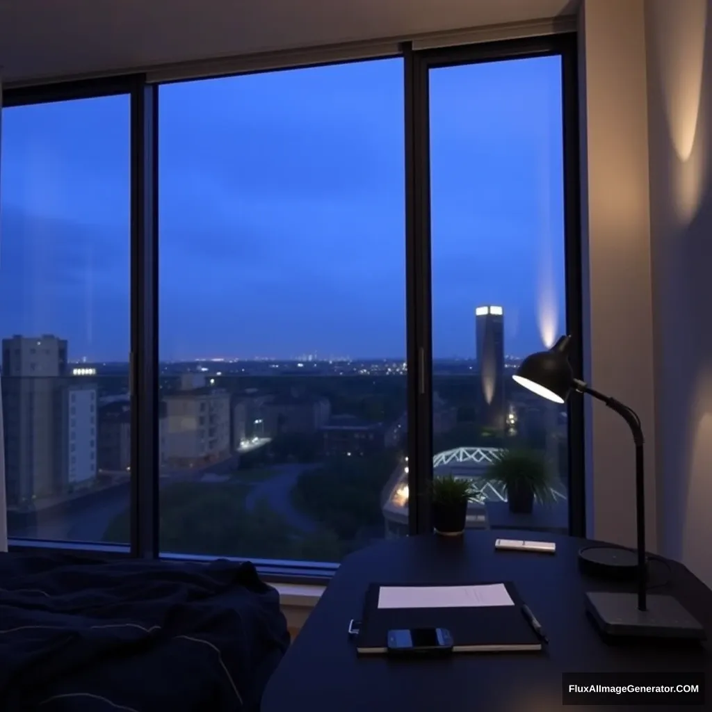 Modern bedroom apartment, big glass window, midnight in France, a study lamp lighting, a notebook and phone on a study desk.