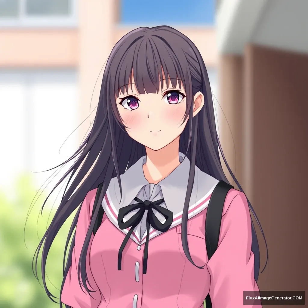 "High school girl with long hair in a pink JK uniform." - Image