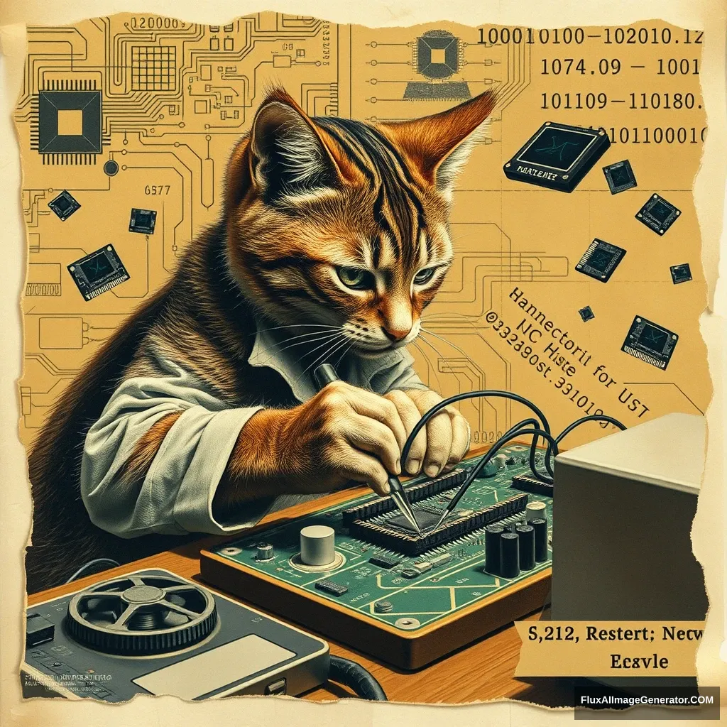 Meticulous feline technician soldering intricate circuitry on a vintage motherboard, surrounded by floating computer components. Retro-futuristic collage style with torn paper textures, circuit diagrams, and binary code snippets. Warm, focused atmosphere. Nostalgic 1980s tech aesthetics. Whimsical juxtaposition of cat and technology.