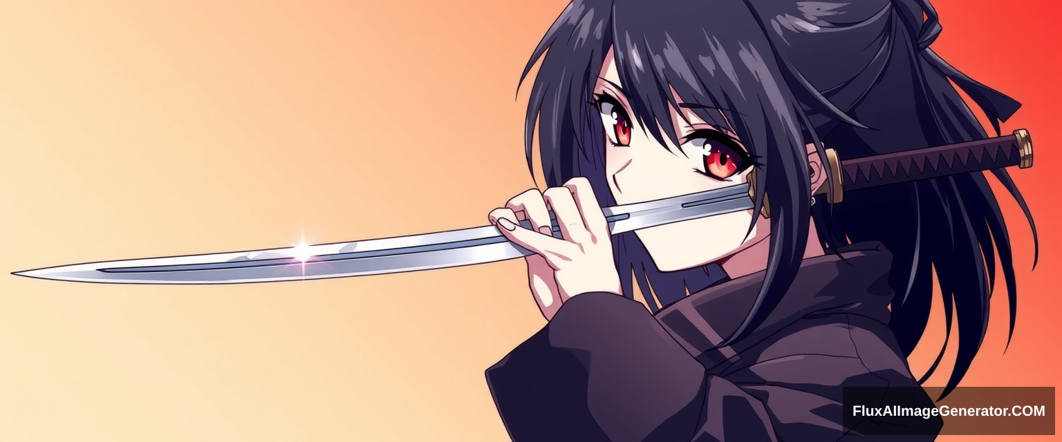 Anime style is important. Seinen style anime. Should look like an assassin with a gradient background. Holding one sharp sword. Black hair, red eyes. And should be a full body drawing. Should include legs. Hold sword straight on. Girl. Single side sword. Correct hand anatomy.