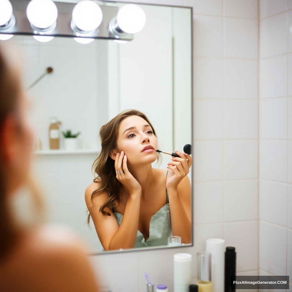 Bathroom, woman, makeup.