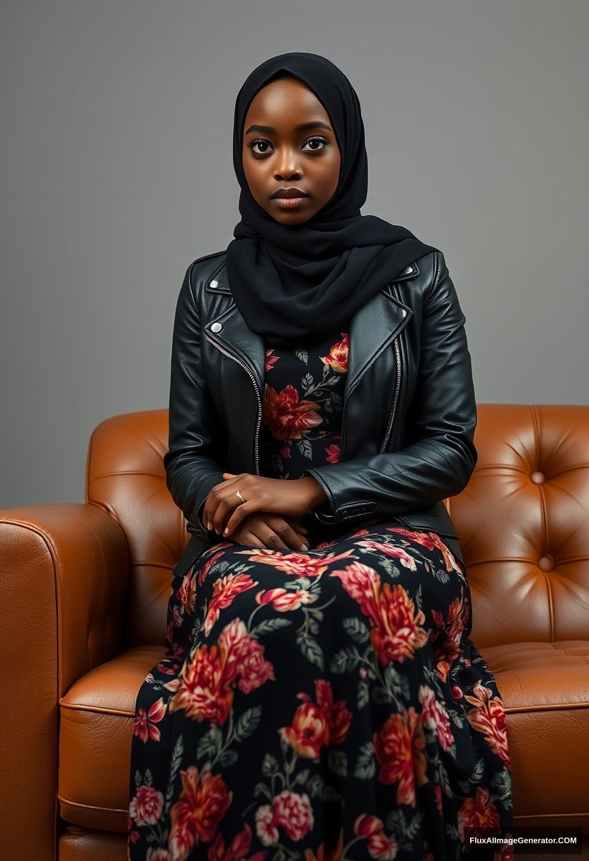 A big black hijab girl with beautiful eyes, wearing a black leather jacket and a long floral dress, sitting on a leather single sofa, hyper-realistic, studio photography. - Image