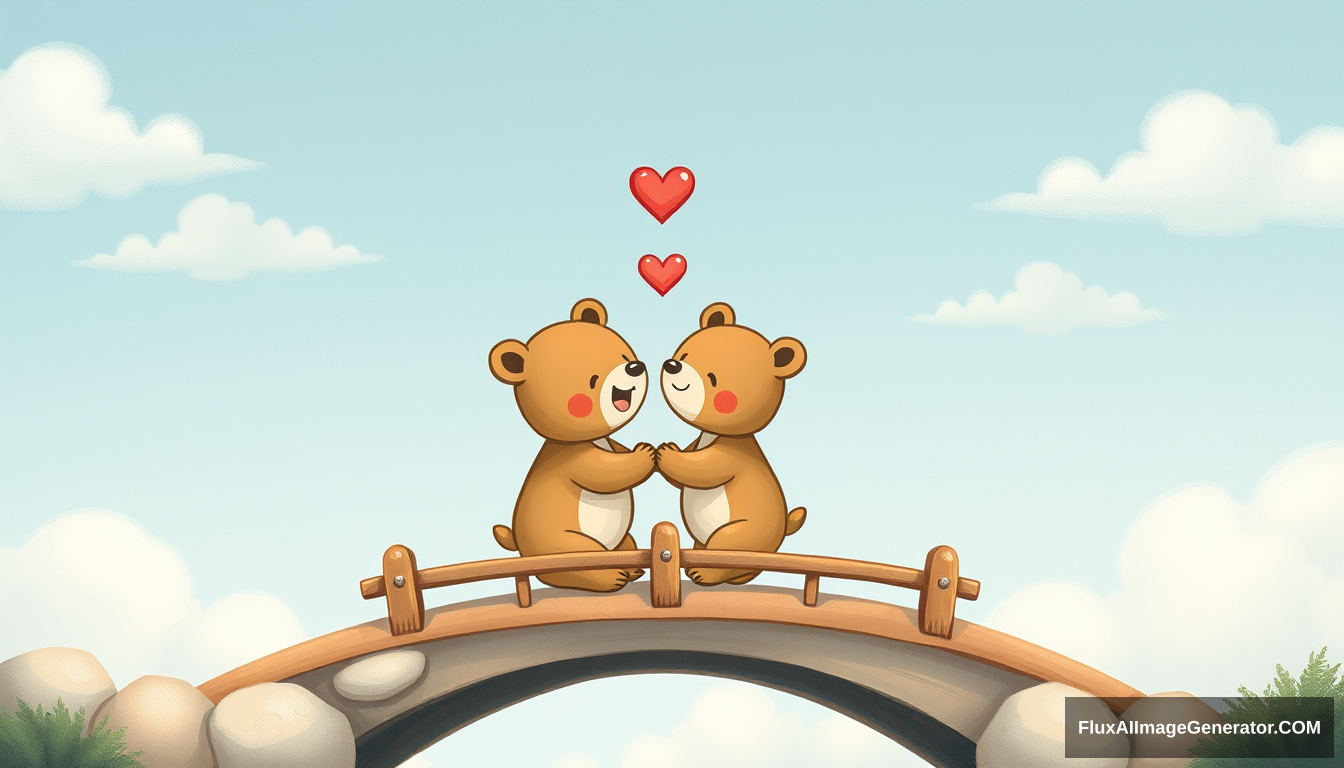 Love, cute small joyful male bear and female bear meeting on a bridge, clouds, by Joey Moya, cute, in the style of minimalistic drawings, ultrafine detail, light, bright, creative commons attribution, painted illustrations.