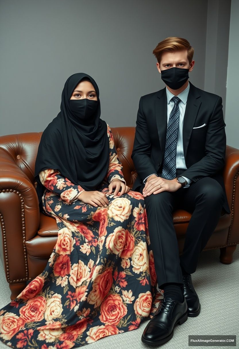 A biggest black hijab girl, slim girl, beautiful eyes, face mask black, biggest floral longest dress, sitting on leather single wing sofa,

Jamie Dornan, youngest, black suit coat, grey pattern tie, black leather sneaker, tall man, face mask black, fit body, sitting near her,

hyper realistic, studio photography. - Image