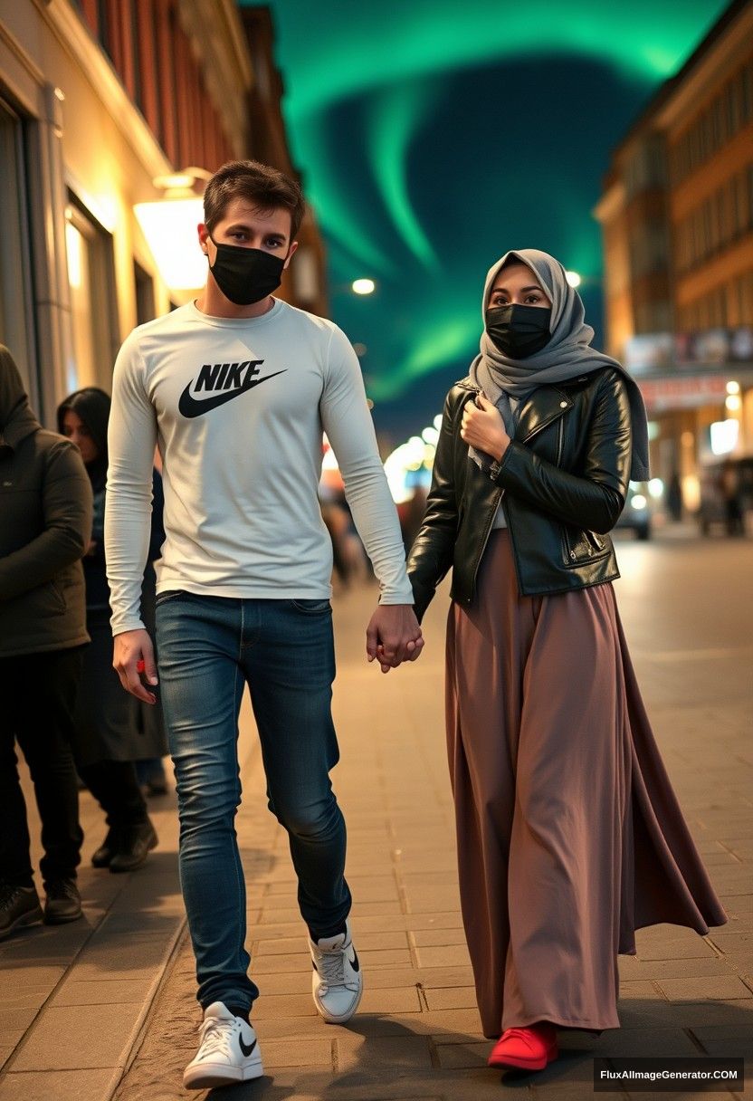 Jamie Dornan, tall, handsome, wearing a black face mask, a long sleeve white Nike t-shirt, jeans, and sneakers, 

dating and romantically involved with a Muslim girl wearing a grey hijab, beautiful eyes, a black face mask, a leather jacket, and a very long and large skirt, who is not a tall girl, wearing red sneakers, 

holding hands, walking together in town, photorealistic, street photography, full photography, selfie photos, night scenery, aurora.