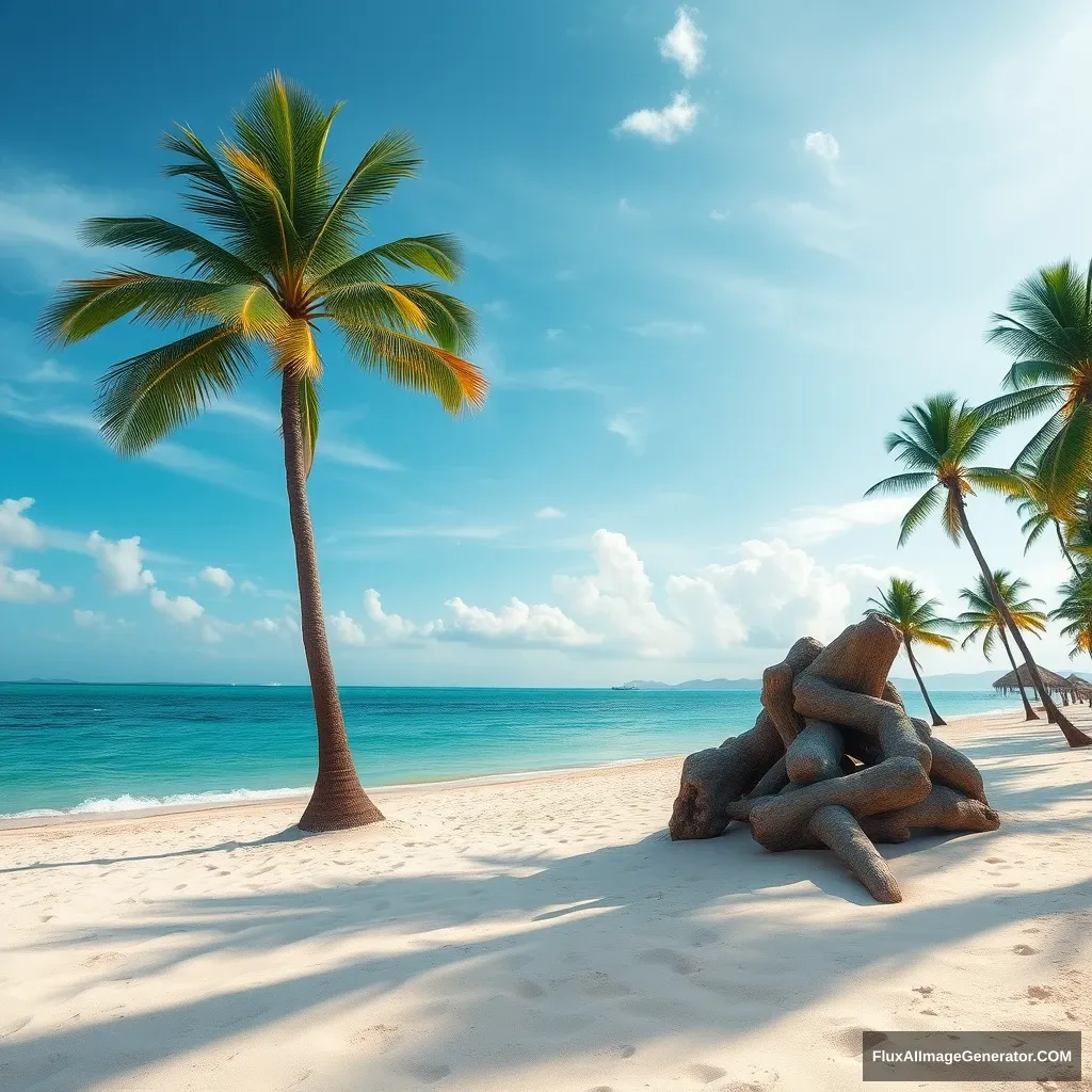 "Generate a 1080p wallpaper featuring a summer beach, realistic, coconut trees, sand." - Image