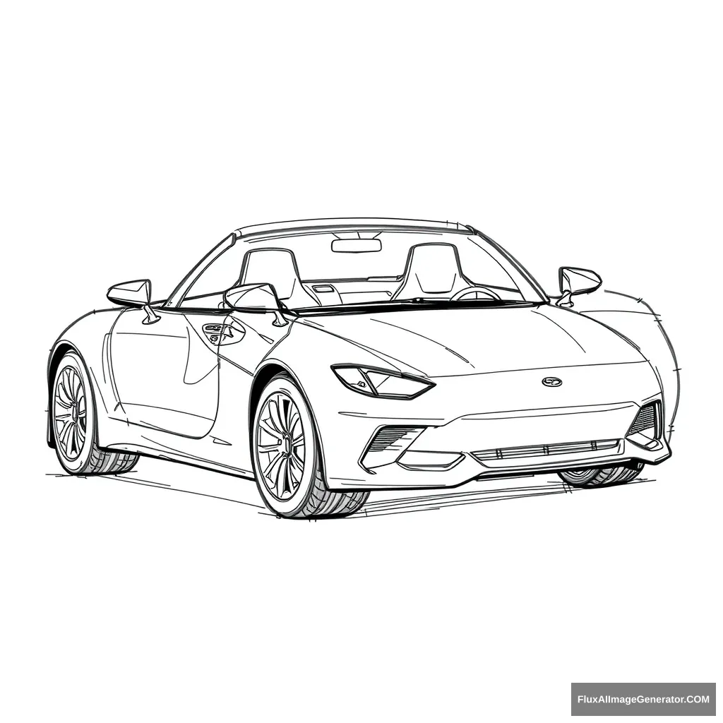 Create a black and white sketch of a car with exterior and interior.