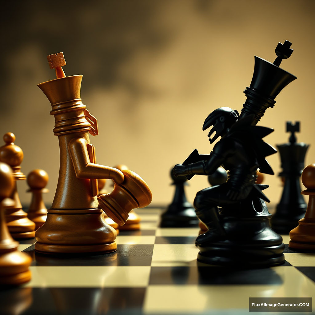 Side view, Chess pieces fighting on a chessboard, Mortal Kombat style. - Image